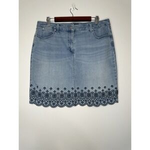 Talbots Mini‎ Skirt Blue Denim Embroidered Scalloped Hem Floral Size 14P